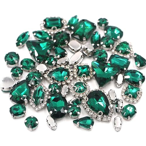 Crystal Flat Back Strasssteine, Flache Rückseite, reflektierende Glas-Strasssteine ​​zum Aufnähen, Silberfassung, gemischte Formen, 50er-Pack, mehrfarbig(Emerald) von BYALORTEX