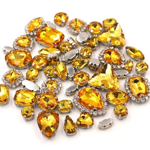 Crystal Flat Back Strasssteine, Flache Rückseite, reflektierende Glas-Strasssteine ​​zum Aufnähen, Silberfassung, gemischte Formen, 50er-Pack, mehrfarbig(Gold Yellow) von BYALORTEX