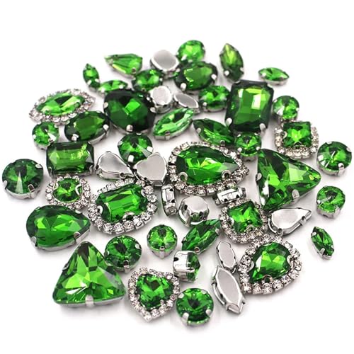 Crystal Flat Back Strasssteine, Flache Rückseite, reflektierende Glas-Strasssteine ​​zum Aufnähen, Silberfassung, gemischte Formen, 50er-Pack, mehrfarbig(Grass En8) von BYALORTEX