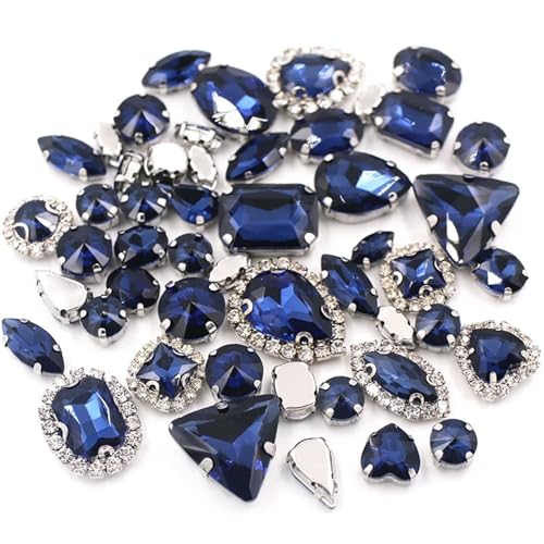 Crystal Flat Back Strasssteine, Flache Rückseite, reflektierende Glas-Strasssteine ​​zum Aufnähen, Silberfassung, gemischte Formen, 50er-Pack, mehrfarbig(Ink Blue) von BYALORTEX
