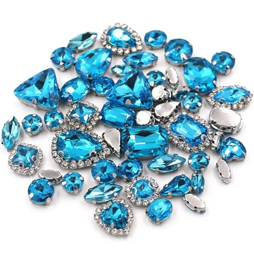 Crystal Flat Back Strasssteine, Flache Rückseite, reflektierende Glas-Strasssteine ​​zum Aufnähen, Silberfassung, gemischte Formen, 50er-Pack, mehrfarbig(Lake Blue) von BYALORTEX