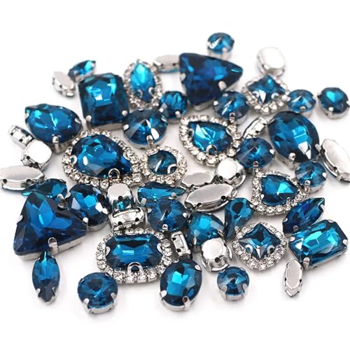 Crystal Flat Back Strasssteine, Flache Rückseite, reflektierende Glas-Strasssteine ​​zum Aufnähen, Silberfassung, gemischte Formen, 50er-Pack, mehrfarbig(Peacock Blue) von BYALORTEX