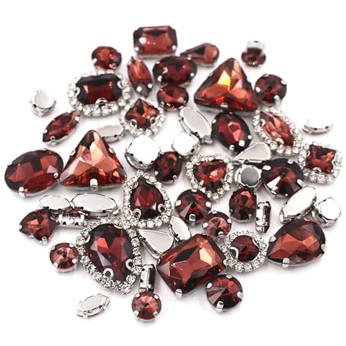 Crystal Flat Back Strasssteine, Flache Rückseite, reflektierende Glas-Strasssteine ​​zum Aufnähen, Silberfassung, gemischte Formen, 50er-Pack, mehrfarbig(Wine Red) von BYALORTEX