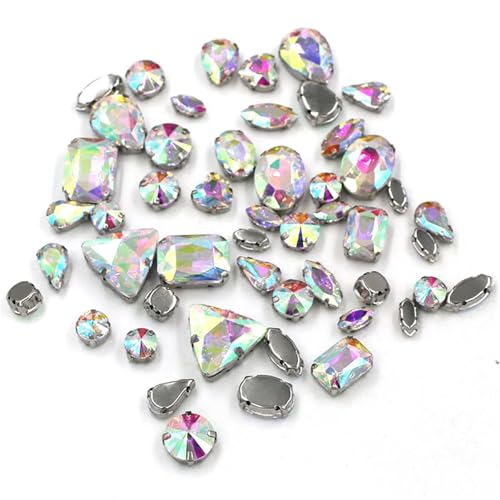 Crystal Flat Back Strasssteine, Flache Rückseite, reflektierende Glas-Strasssteine ​​zum Aufnähen, gemischte Formen, mehrfarbig, 50 Stück(Crystal Ab) von BYALORTEX