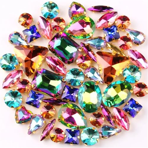 Crystal Flat Back Strasssteine, Flache Rückseite for Aufnähen von Glas-Strasssteinen, Formen, Mix, 50 Stück, mehrfarbig(Rainbow Mix) von BYALORTEX