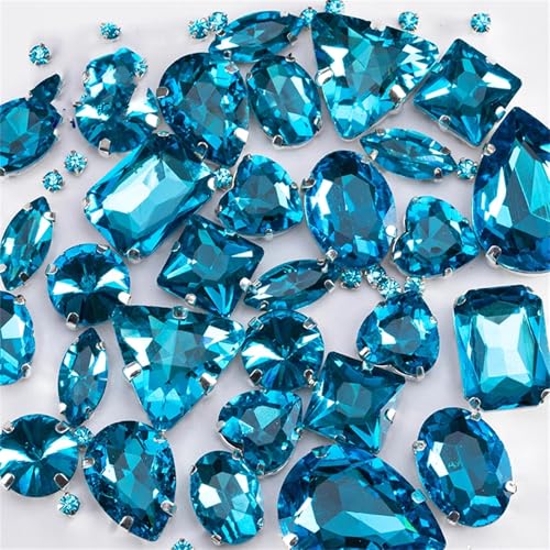 Crystal Flat Back Strasssteine, Glas-Strasssteine, flache Rückseite, for Aufnähen for Kleidung, gemischte Formen, mehrfarbig, verschiedene Größen, 50 Stück(Blue) von BYALORTEX