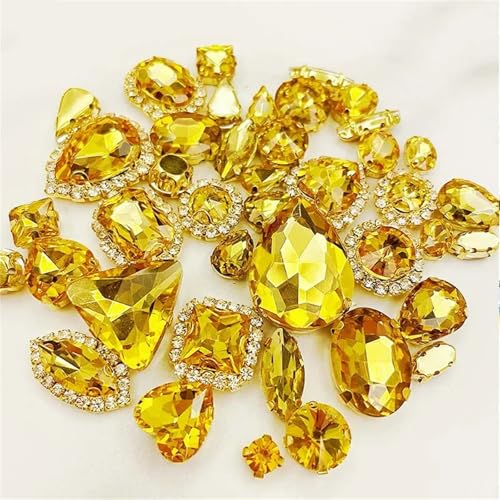 Crystal Flat Back Strasssteine, Golden Bottom Kristallglas for Aufnähen auf flache Rückseite Strasssteine ​​Packung mit 58 mehrfarbigen Mix-Formen(Golden Yellow) von BYALORTEX