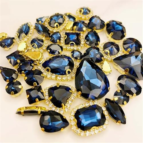 Crystal Flat Back Strasssteine, Golden Bottom Kristallglas for Aufnähen auf flache Rückseite Strasssteine ​​Packung mit 58 mehrfarbigen Mix-Formen(Ink Blue) von BYALORTEX