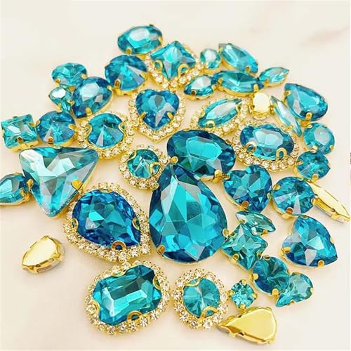 Crystal Flat Back Strasssteine, Golden Bottom Kristallglas for Aufnähen auf flache Rückseite Strasssteine ​​Packung mit 58 mehrfarbigen Mix-Formen(Lake Blue) von BYALORTEX