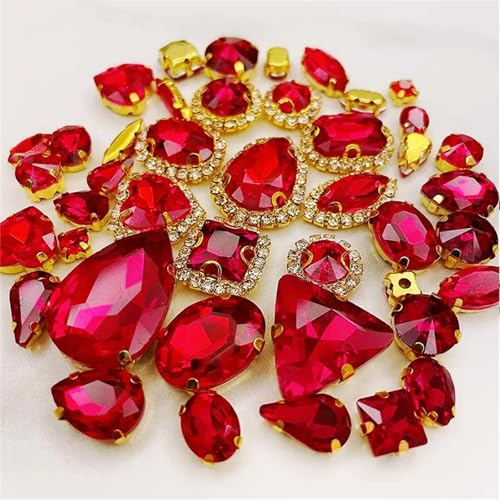Crystal Flat Back Strasssteine, Golden Bottom Kristallglas for Aufnähen auf flache Rückseite Strasssteine ​​Packung mit 58 mehrfarbigen Mix-Formen(Red) von BYALORTEX