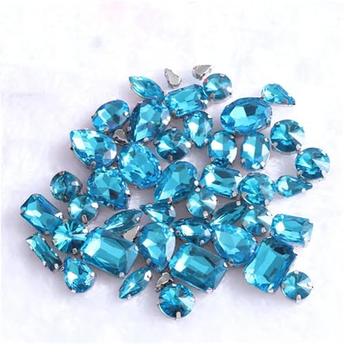 Crystal Flat Back Strasssteine, Mehrfarbige, gemischte Formen, silberfarben, for Aufnähen auf flache Rückseite, Glas-Strasssteine, 50 Stück, DIY-Zubehör(Aquamarine) von BYALORTEX
