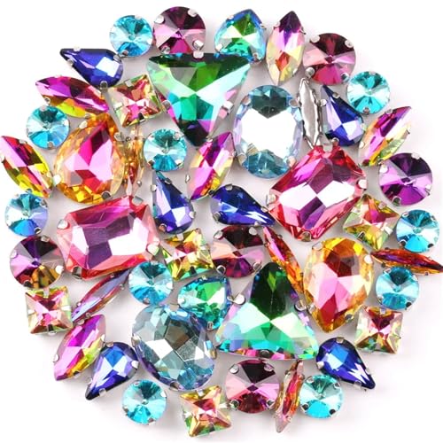 Crystal Flat Back Strasssteine, Strasssteine ​​mit flacher Rückseite for Aufnähen, Glaskristall, mehrfarbige Formen, Mix, 50 Stück(Rainbow Mix) von BYALORTEX