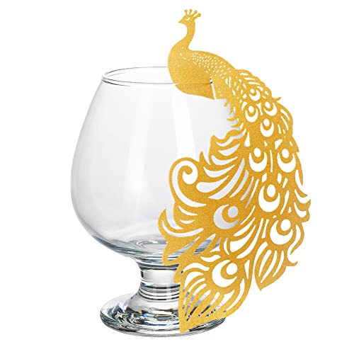 BYNYXI 50 Stücke Pfau Tischkarten Hochzeit, Namenskarte Höhlen Namensschild Pfau Weinglas Tischkarten Personalisierte Tischkärtchen Sitzkarte für Weinglas Bankette Hochzeiten Taufe Party, 11cmx5.2cm von BYNYXI