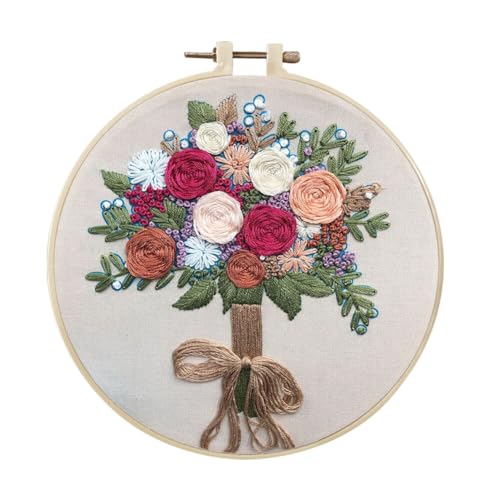 DIY Stickerei Set Anfänger Blumen, 20cm Blume Stickerei Stich Praxis Kit Hoops Kreuzstich Zubehör Kunststoff-Stickrahmen Blumenmuster Pflanzen Stickset Erwachsene Stickerei Set Sticken für anfänger von BYNYXI