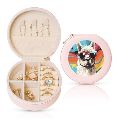 BYPPJGH Alpaka mit Sonnenbrille, kleine Schmuckschatulle, Leder, Reise-Schmucketui, wasserdicht, rund, Schmuck-Organizer, Rosa, für Damen, Ringe, Halsketten, Geschenke von BYPPJGH