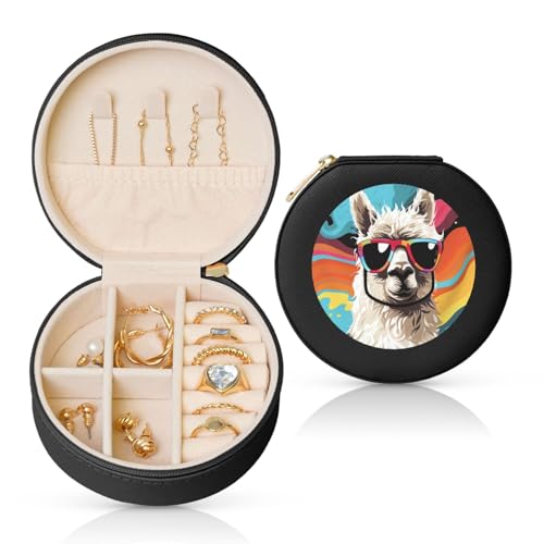 BYPPJGH Alpaka mit Sonnenbrille, kleine Schmuckschatulle, Leder, Reise-Schmucketui, wasserdicht, rund, Schmuck-Organizer, schwarz, für Damen, Ringe, Halsketten, Geschenke von BYPPJGH