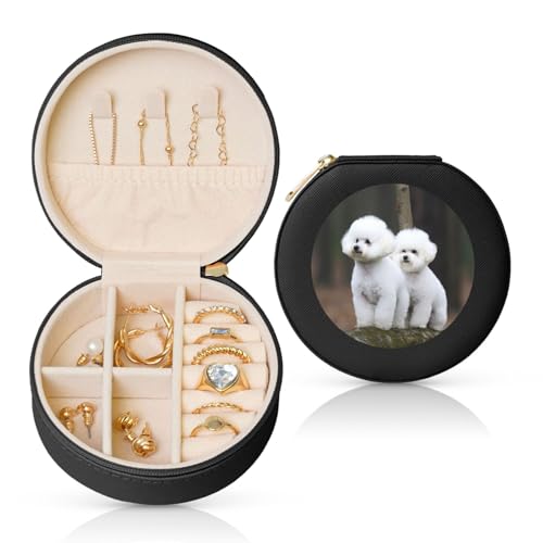 BYPPJGH Bichon Frisé, kleine Schmuckschatulle, Leder, Reise-Schmucketui, wasserdicht, rund, Schmuck-Organizer, schwarz, für Damen, Ringe, Halsketten, Geschenke von BYPPJGH