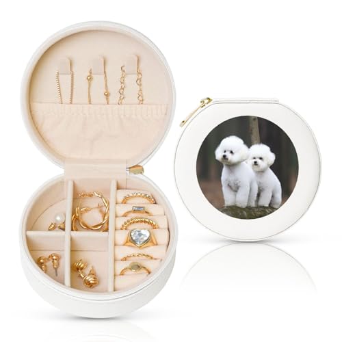 BYPPJGH Bichon Frisé, kleine Schmuckschatulle, Leder, Reise-Schmucketui, wasserdicht, rund, Schmuck-Organizer, weiß, für Damen, Ringe, Halsketten, Geschenke von BYPPJGH