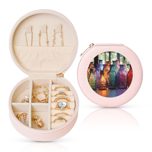 BYPPJGH Bunte Glasflasche, kleine Schmuckschatulle, Leder, Reise-Schmucketui, wasserdicht, rund, Schmuck-Organizer, Rosa, für Damen, Ringe, Halsketten, Geschenke von BYPPJGH