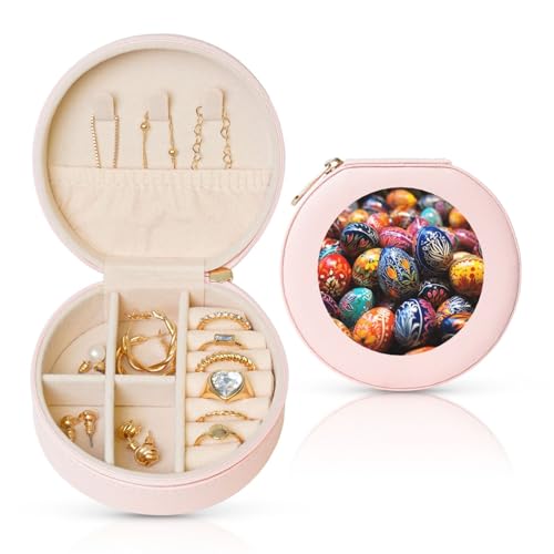 BYPPJGH Bunte handbemalte Ostereier, kleine Schmuckschatulle, Leder, Reise-Schmucketui, wasserdicht, rund, Schmuck-Organizer, Rosa, für Damen, Ringe, Halsketten, Geschenke von BYPPJGH
