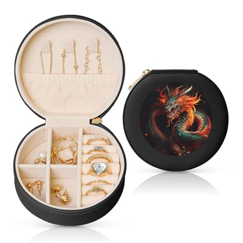 BYPPJGH Chinesischer Drache, kleine Schmuckschatulle, Leder, Reise-Schmucketui, wasserdicht, rund, Schmuck-Organizer, schwarz, für Damen, Ringe, Halsketten, Geschenke von BYPPJGH