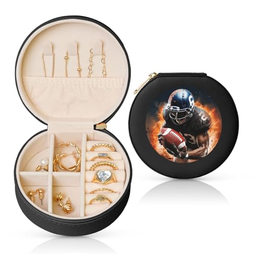 BYPPJGH Coole American Football kleine Schmuckschatulle aus Leder, Reise-Schmucketui, wasserdicht, rund, Schmuck-Organizer, schwarz, für Damen, Ringe, Halsketten, Geschenke von BYPPJGH