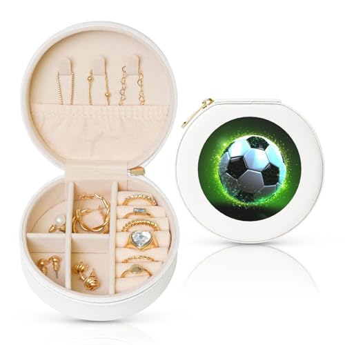 BYPPJGH Coole kleine Schmuckschatulle mit Fußballball, Leder, Reise-Schmucketui, wasserdicht, rund, Schmuck-Organizer, weiß, für Damen, Ringe, Halsketten, Geschenke von BYPPJGH