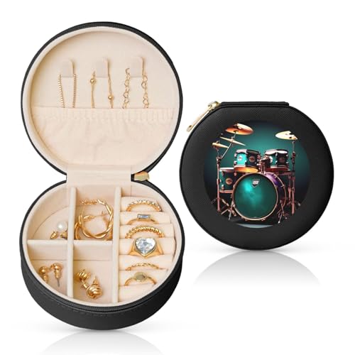 BYPPJGH Cooles Trommel-Set, kleine Schmuckschatulle, Leder, Reise-Schmuckkoffer, wasserdicht, rund, Schmuck-Organizer, schwarz, für Damen, Ringe, Halsketten, Geschenke von BYPPJGH