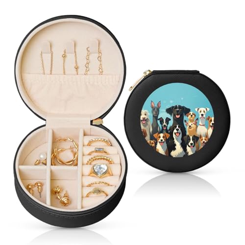 BYPPJGH Eine große Gruppe von Hunden, kleine Schmuckschatulle, Leder, Reise-Schmucketui, wasserdicht, rund, Schmuck-Organizer, schwarz, für Damen, Ringe, Halsketten, Geschenke von BYPPJGH