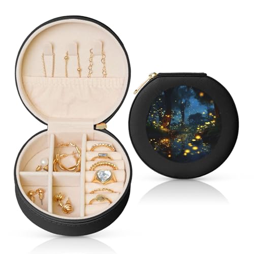 BYPPJGH Fireflies Kleine Schmuckschatulle aus Leder, Reise-Schmucketui, wasserdicht, rund, Schmuck-Organizer, schwarz, für Damen, Ringe, Halsketten, Geschenke von BYPPJGH