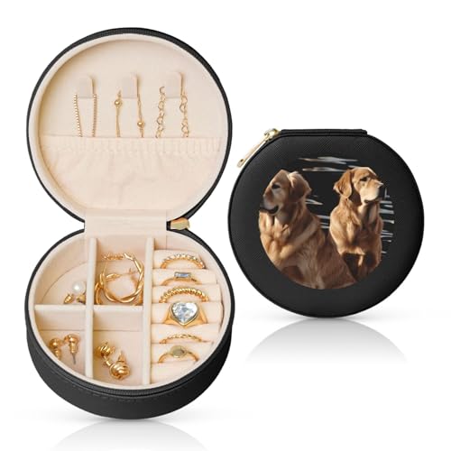 BYPPJGH Golden Retrievers Kleine Schmuckschatulle aus Leder, Reise-Schmucketui, wasserdicht, rund, Schmuck-Organizer, schwarz, für Damen, Ringe, Halsketten, Geschenke von BYPPJGH