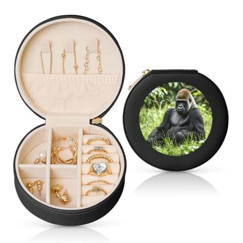 BYPPJGH Gorilla In The Grass Kleine Schmuckschatulle aus Leder, Reise-Schmuckkoffer, wasserdicht, rund, Schmuck-Organizer, schwarz, für Damen, Ringe, Halsketten, Geschenke von BYPPJGH