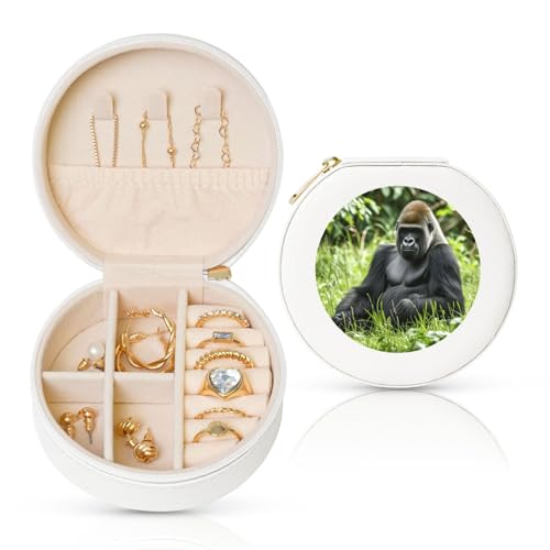 BYPPJGH Gorilla In The Grass Kleine Schmuckschatulle aus Leder, Reise-Schmuckkoffer, wasserdicht, rund, Schmuck-Organizer, weiß, für Damen, Ringe, Halsketten, Geschenke von BYPPJGH
