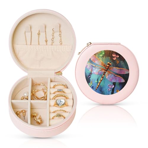 BYPPJGH Handbemalte kleine Schmuckschatulle mit Libellen-Motiv, Leder, Reise-Schmucketui, wasserdicht, rund, Schmuck-Organizer, Rosa, für Damen, Ringe, Halsketten, Geschenke von BYPPJGH