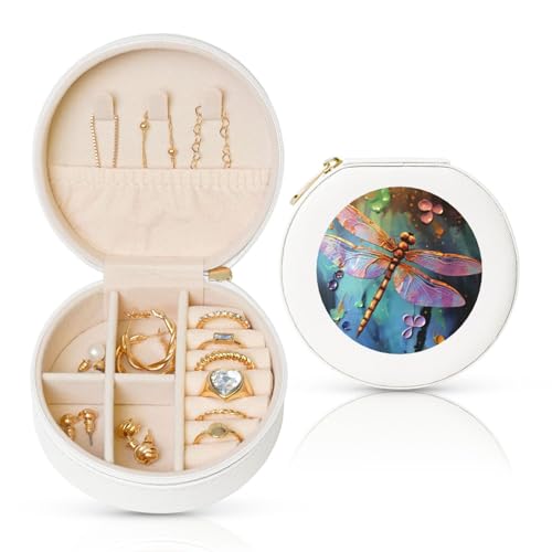 BYPPJGH Handbemalte kleine Schmuckschatulle mit Libellen-Motiv, Leder, Reise-Schmuckkoffer, wasserdicht, rund, Schmuck-Organizer, weiß, für Damen, Ringe, Halsketten, Geschenke von BYPPJGH