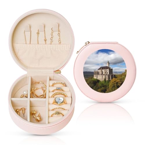 BYPPJGH Historische Monumente von Armenien, kleine Schmuckschatulle, Leder, Reise-Schmucketui, wasserdicht, rund, Schmuck-Organizer, Rosa, für Damen, Ringe, Halsketten, Geschenke von BYPPJGH
