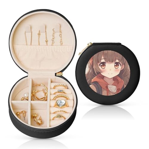 BYPPJGH Japanische Anime-Schmuckschatulle, Leder, Reise-Schmucketui, wasserdicht, rund, Schmuck-Organizer, schwarz, für Damen, Ringe, Halsketten, Geschenke von BYPPJGH