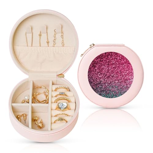 BYPPJGH Kleine 3D-Schmuckschatulle mit Glitzer, Leder, Reise-Schmucketui, wasserdicht, rund, Schmuck-Organizer, Rosa, für Damen, Ringe, Halsketten, Geschenke von BYPPJGH