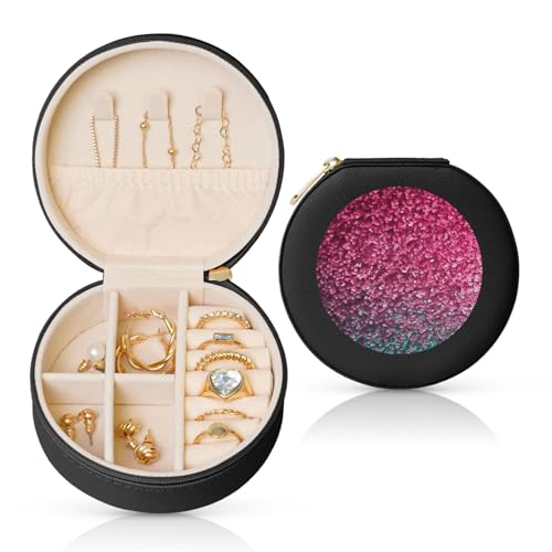 BYPPJGH Kleine 3D-Schmuckschatulle mit Glitzer, Leder, Reise-Schmucketui, wasserdicht, rund, Schmuck-Organizer, schwarz, für Damen, Ringe, Halsketten, Geschenke von BYPPJGH