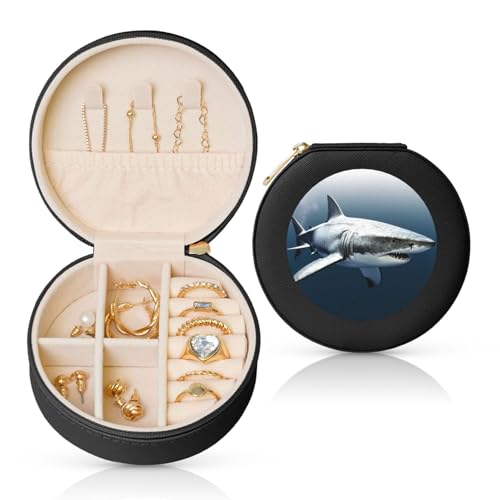 BYPPJGH Kleine 3D-Schmuckschatulle mit Haifischmotiv, Leder, Reise-Schmucketui, wasserdicht, rund, Schmuck-Organizer, schwarz, für Damen, Ringe, Halsketten, Geschenke von BYPPJGH