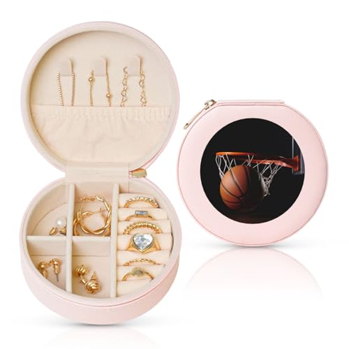 BYPPJGH Kleine Basketball-Schmuckschatulle, Leder, Reise-Schmucketui, wasserdicht, rund, Schmuck-Organizer, Rosa, für Damen, Ringe, Halsketten, Geschenke von BYPPJGH