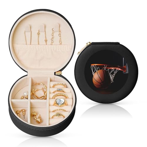 BYPPJGH Kleine Basketball-Schmuckschatulle, Leder, Reise-Schmucketui, wasserdicht, rund, Schmuck-Organizer, schwarz, für Damen, Ringe, Halsketten, Geschenke von BYPPJGH