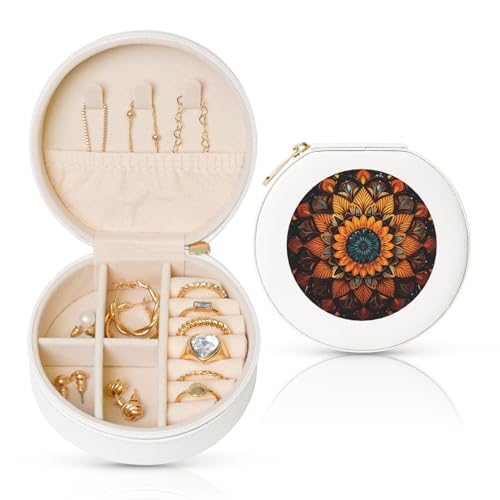 BYPPJGH Kleine Mandala-Schmuckschatulle, Leder, Reise-Schmucketui, wasserdicht, rund, Schmuck-Organizer, weiß, für Damen, Ringe, Halsketten, Geschenke von BYPPJGH