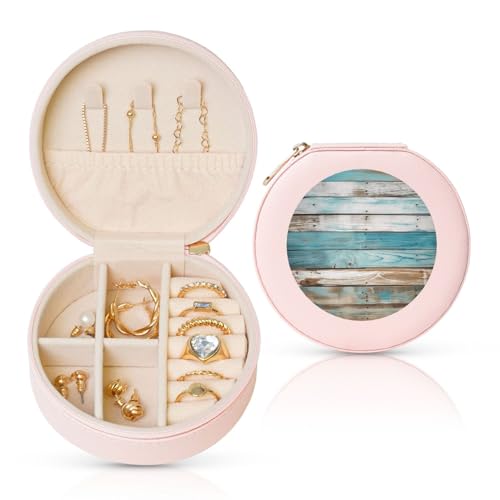BYPPJGH Kleine Schmuckschatulle aus Holz, altblau, Reise-Schmuckkästchen, wasserdicht, rund, Schmuck-Organizer, Rosa, für Damen, Ringe, Halsketten, Geschenke von BYPPJGH