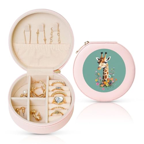BYPPJGH Kleine Schmuckschatulle aus Leder, Giraffe mit Blumen, wasserdicht, rund, für Damen, Ringe, Halsketten, Geschenke von BYPPJGH