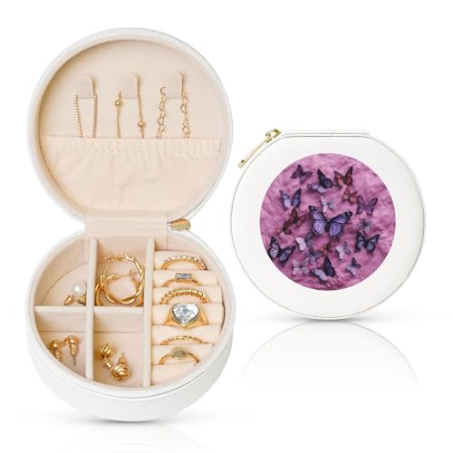 BYPPJGH Kleine Schmuckschatulle aus Leder, Motiv: Alle Schmetterlinge sind auf violettem Hintergrund, Reise-Schmuckschatulle, wasserdicht, rund, Schmuck-Organizer, weiß, für Damen, Ringe, Halsketten von BYPPJGH