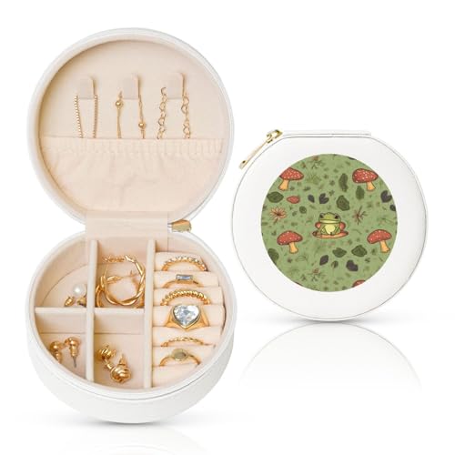 BYPPJGH Kleine Schmuckschatulle aus Leder, Motiv: Frösche und Pilze, wasserdicht, rund, für Damen, Ringe, Halsketten, Geschenke von BYPPJGH