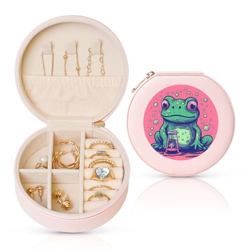 BYPPJGH Kleine Schmuckschatulle aus Leder, Motiv: Frosch, der auf die Flasche starrt, wasserdicht, rund, für Ringe, Halsketten, Geschenke von BYPPJGH