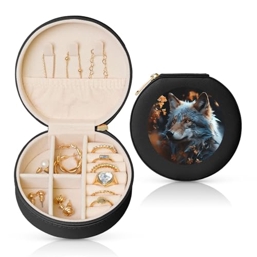BYPPJGH Kleine Schmuckschatulle aus Leder, Motiv: Herbstblätter und ein Wolf, wasserdicht, rund, für Damen, Ringe, Halsketten, Geschenke von BYPPJGH