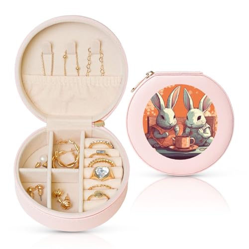 BYPPJGH Kleine Schmuckschatulle aus Leder, Motiv: Kaninchen und Tasse, wasserdicht, rund, für Damen, Ringe, Halsketten, Geschenke von BYPPJGH